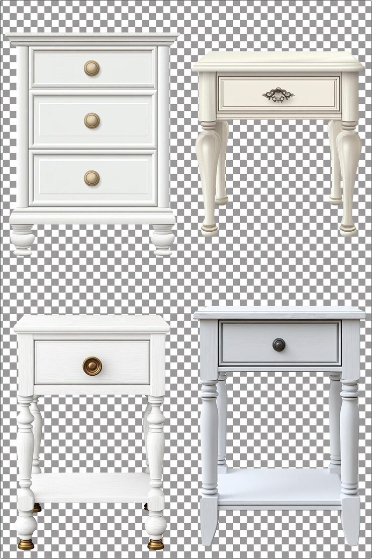 Mesa de noche de madera blanca muebles de dormitorio clásicos y funcionales hiperrealistas aislados