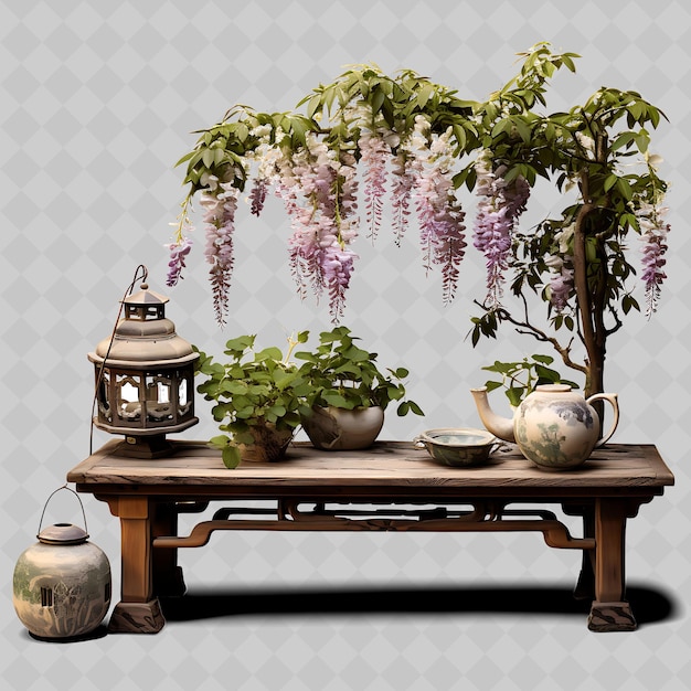 Una mesa con una olla de flores púrpuras y una planta en olla en ella