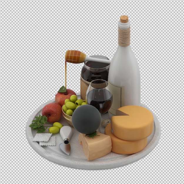 Mesa pequena com provolone vinho azeitonas maçã mel 3d render