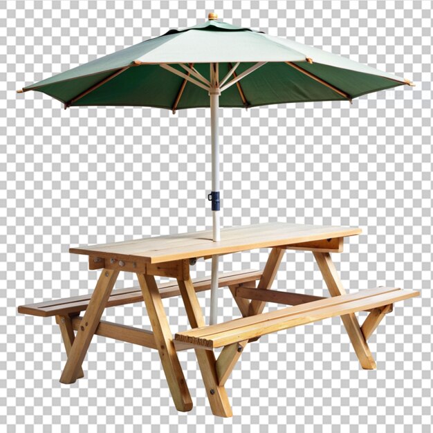 Mesa de picnic al aire libre con paraguas en un fondo transparente
