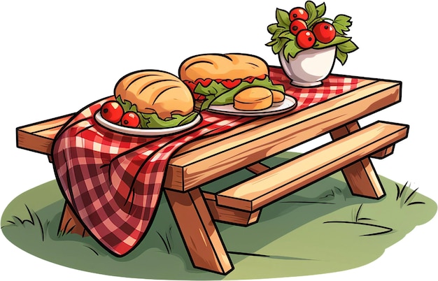 una mesa de picnic con una canasta de comida y un plato