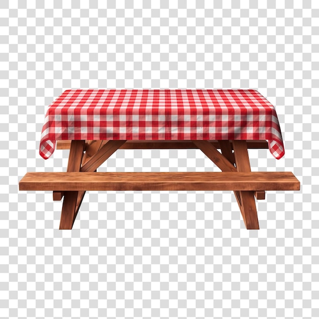 PSD mesa de picnic de madera con bancos y mantel de cuadros rojos aislados sobre un fondo transparente png