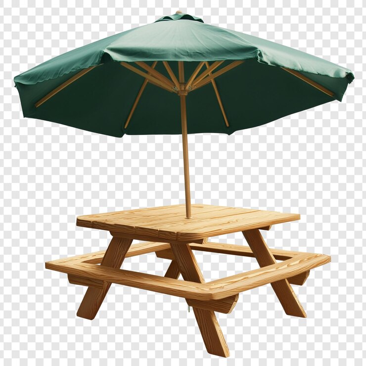 PSD mesa de picnic de madera con paraguas verdes