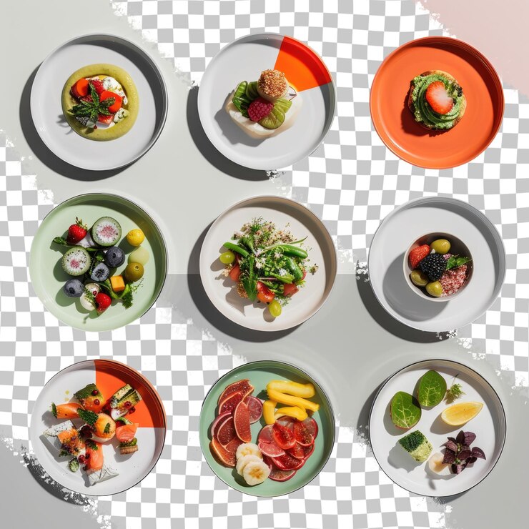 PSD una mesa con platos de comida, incluidas ensaladas, frutas y verduras