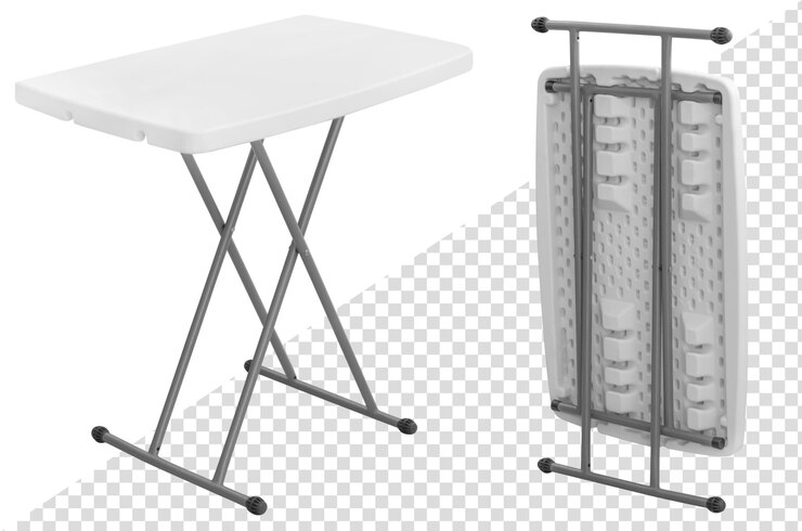 Mesa plegable con tapa de plástico y patas de metal. Aislado del fondo. elemento interior