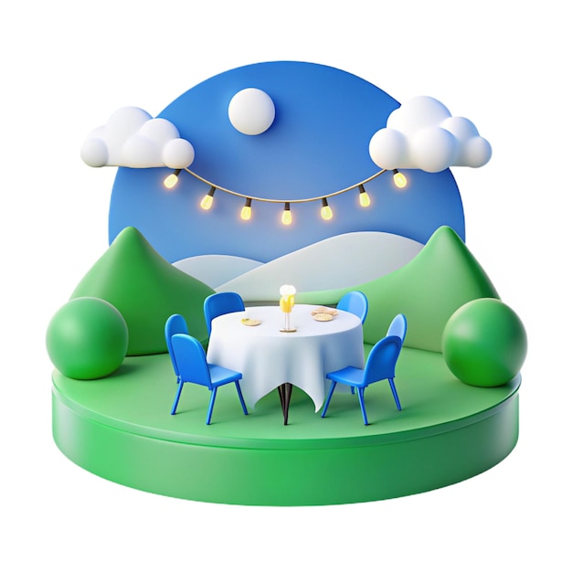 una mesa redonda azul y verde con una mesa y sillas y una mesa con un mantel blanco