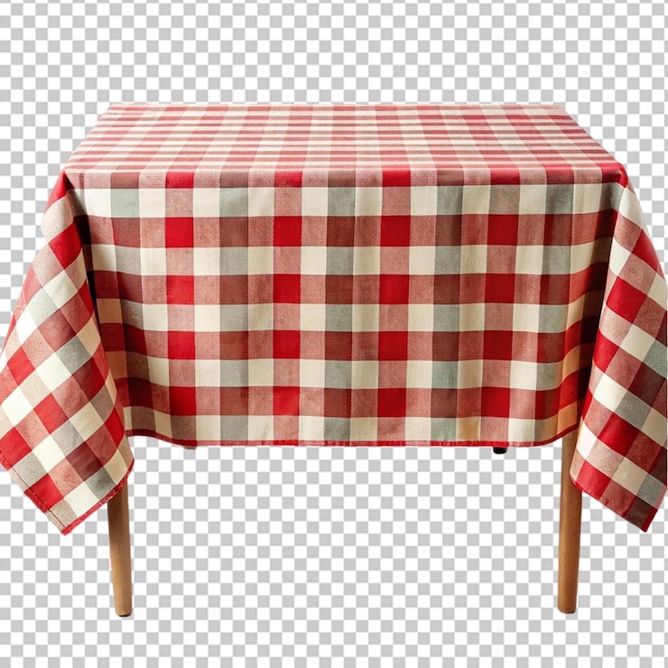 PSD una mesa redonda cubierta con un mantel rojo y blanco sobre un fondo blanco aislado