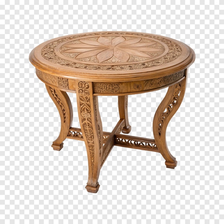 PSD mesa redonda de madera con diseño intrincado aislada sobre un fondo blanco transparente b