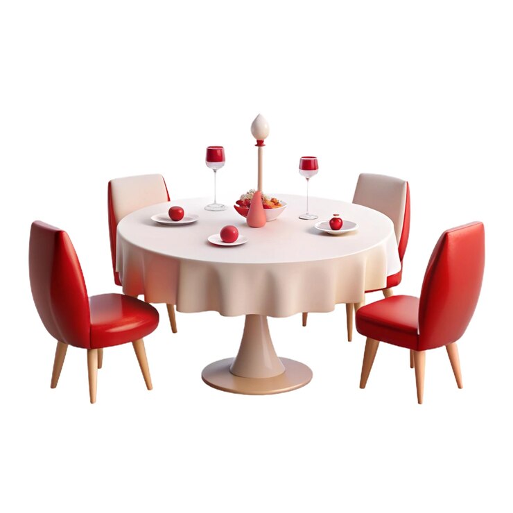 PSD una mesa redonda con sillas rojas y una tabla redonda con una mesa redunda con un mantel blanco y un c rojo
