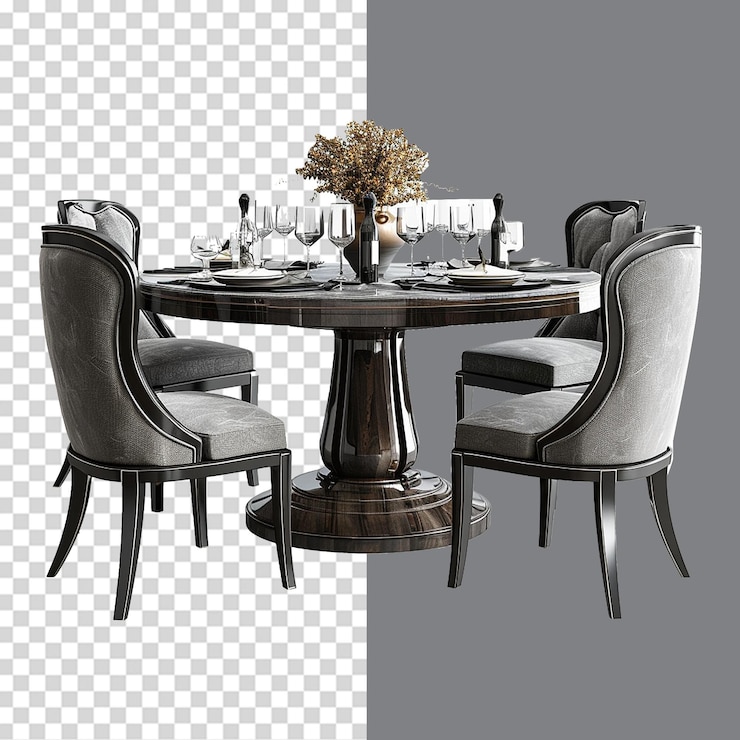 PSD una mesa con una silla y una mesa con un jarrón con flores en ella
