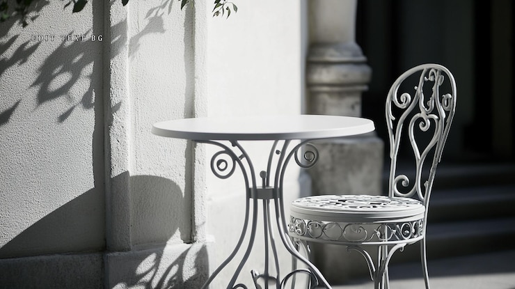 PSD la mesa y la silla de metal blanco colocadas al aire libre proyectan sombras en la pared