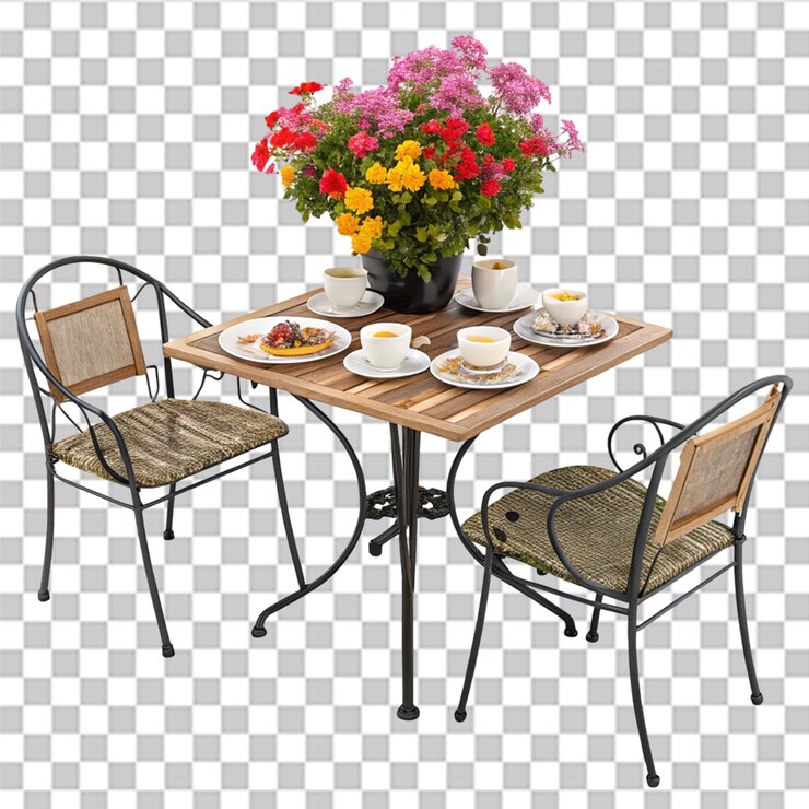 PSD mesa y sillas de café al aire libre con flores en flor aisladas sobre un fondo transparente