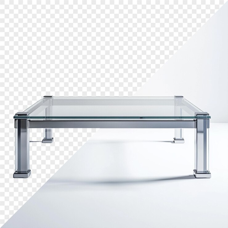 PSD una mesa con una tapa de vidrio y un soporte de plata con una tapa cuadrada