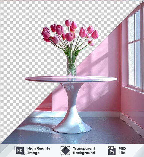 Mesa de tulipanes con flores rosadas en un jarrón de vidrio contra la pared rosada suelo brillante y ventana en el fondo