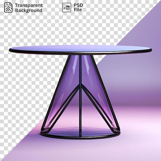 PSD mesa única com um topo de vidro e base metálica com uma mesa redonda e uma mesa roxa colocada contra uma parede roxa com uma perna preta e metálica visível em primeiro plano