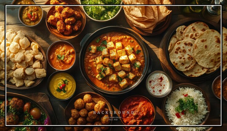 PSD una mesa con una variedad de platos indios, incluido el pollo paneer, el tikka masala y el arroz naan