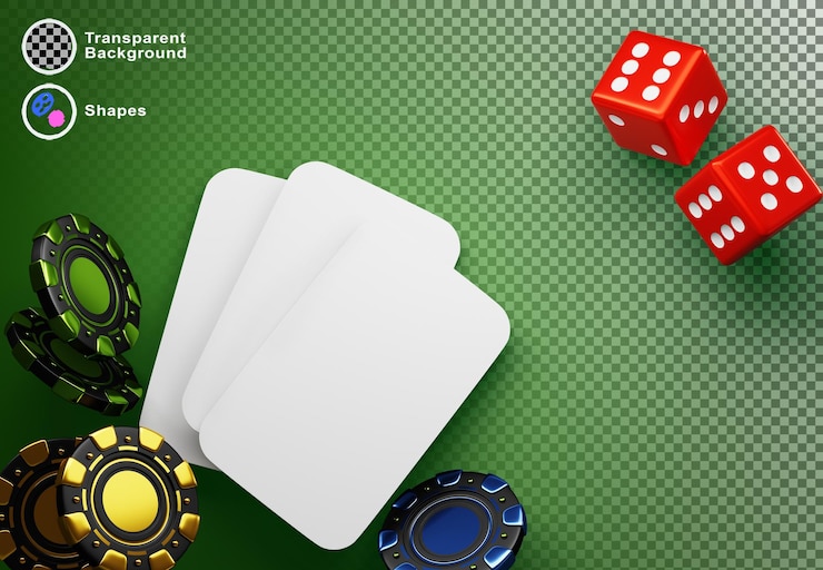 PSD mesa verde de casino con fondo 3d con fichas de póquer, dados y cartas en blanco, maqueta de oro, fichas de juego negras, cubos rojos y barajas de cartas de papel blanco para juegos de mesa de blackjack.