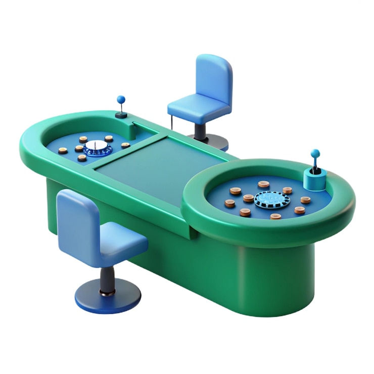 PSD una mesa verde con una silla azul y una silla blue con un reloj en ella