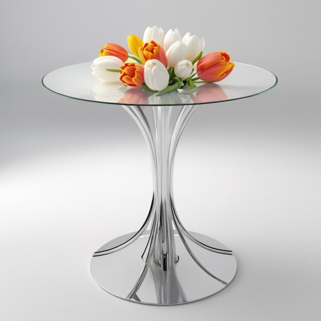una mesa de vidrio con un jarrón de flores en ella