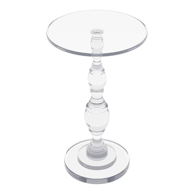 Una mesa de vidrio transparente con un palo alto y delgado en el medio La mesa es blanca y tiene un diseño simple