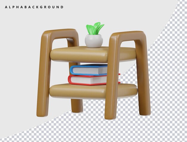 Mesita de noche de dibujos animados en 3D con libros y plantas