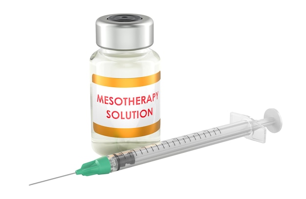 Mesotherapie-Lösung-Injektionskonzept Ampoule mit Mesotherapielösung und Spritze 3D-Rendering isoliert auf transparentem Hintergrund