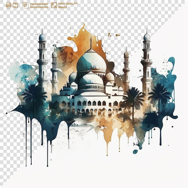 Mesquita islâmica pintada a aquarela em fundo branco png