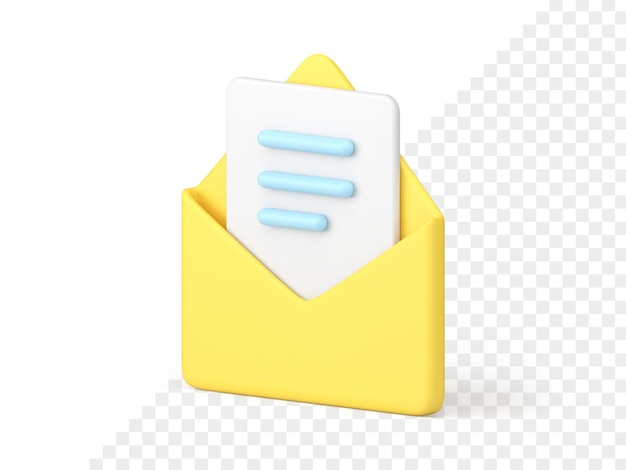 PSD message dans une enveloppe 3d jaune feuille de papier volumétrique avec texte bleu