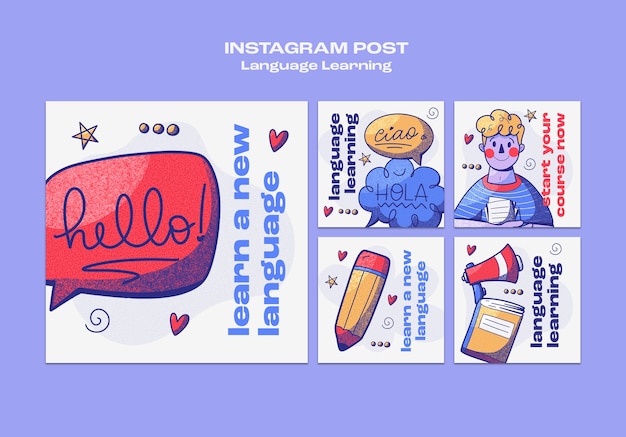 PSD messages instagram d'apprentissage des langues dessinés à la main