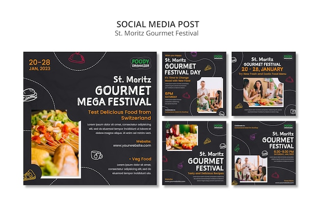 PSD messages instagram du festival de la nourriture dessinés à la main