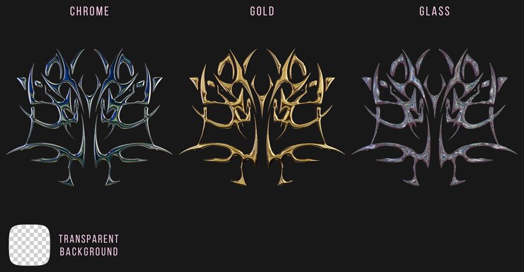 PSD metal cromado y oro y forma de vidrio y2k renderización tribal en 3d