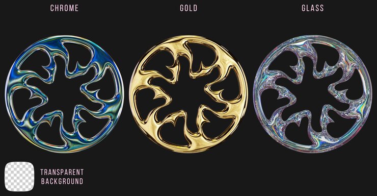 PSD metal cromado y oro y vidrio de dispersión y2k formas abstractas renderización 3d