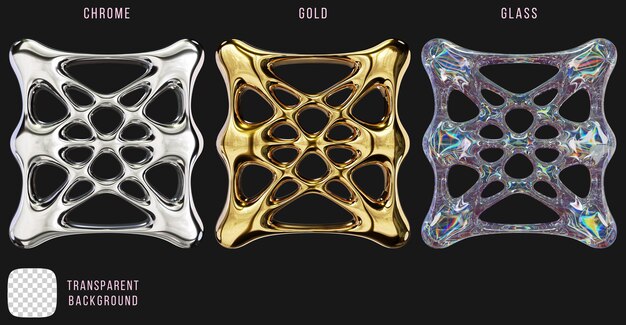 Metal cromado y oro y vidrio de dispersión y2k formas abstractas renderización 3D
