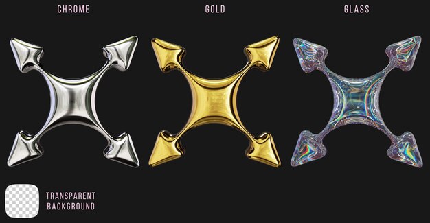 Metal cromado y oro y vidrio de dispersión y2k formas de cruz de flecha abstractas renderización 3D