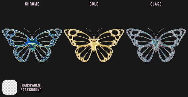 Metal cromado y oro y vidrio de dispersión y2k formas de mariposa abstractas renderización 3D