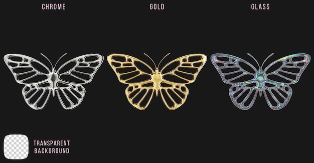 Metal cromado y oro y vidrio de dispersión y2k formas de mariposa abstractas renderización 3D