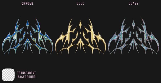 Metal cromado y oro y vidrio de dispersión y2k formas de tatuaje tribales abstractas renderización 3D