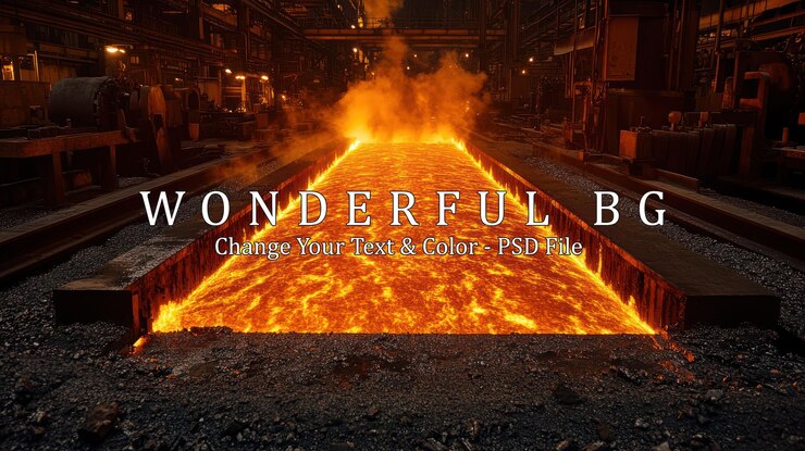 PSD metal fundido brillante naranja caliente en un molino de acero con vapor y humo que se eleva del líquido