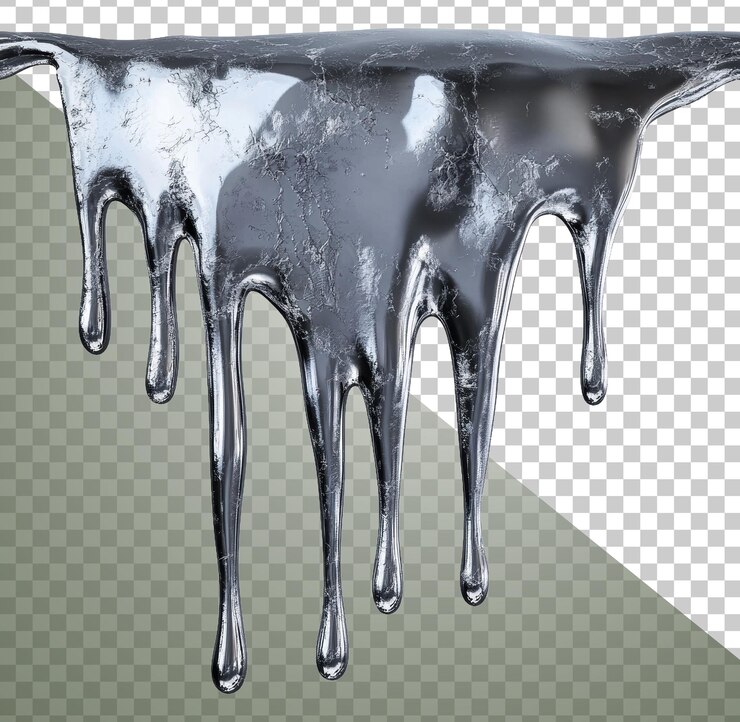 PSD un métal liquide brillant qui coule sur le stock découpé.