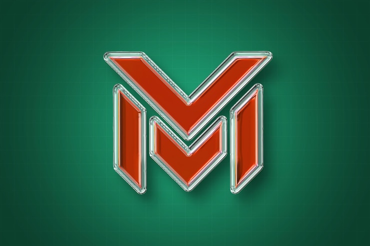 PSD metallic 3d letter m logo on green background