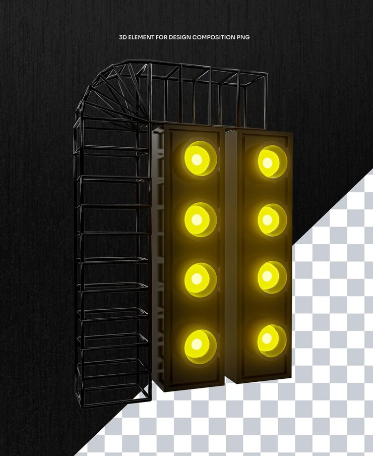 Metallic 3D Stage Light Structure with Yellow Lights Front View PNG