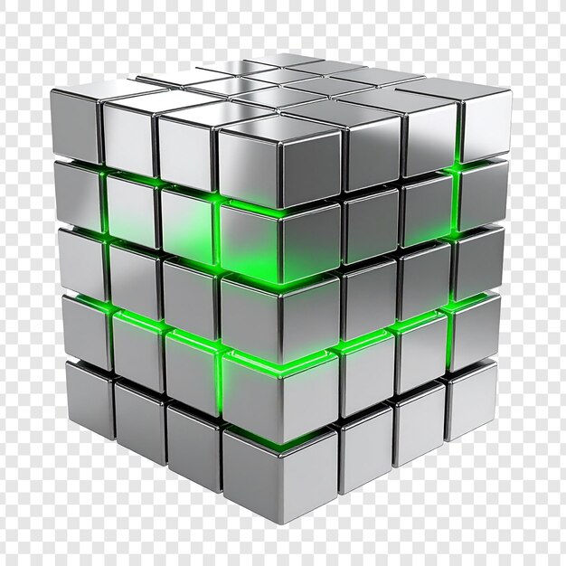 Metallic cube structure design with green glow