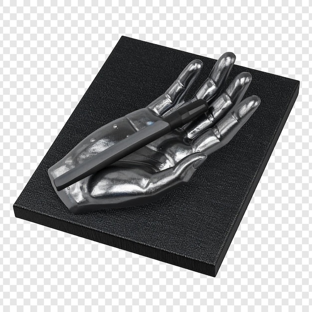 Metallic hand shaped decor object on dark surface