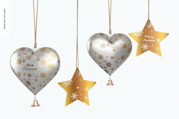 Metallic hearts christmas ornament und stars mockup