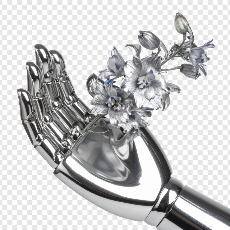 PSD metallic robotic hand holding flowers abstract technology illustration