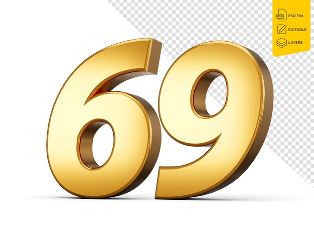 Metallico dorato Numero 69 Sessantanove Sfondo bianco 3d'illustrazione
