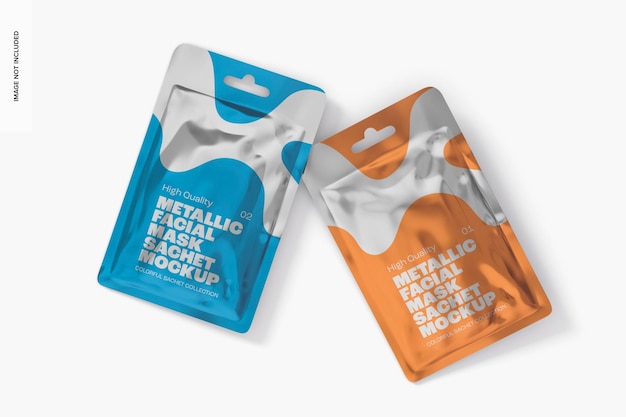 PSD metallische gesichtsmaske sachets mockup, ansicht von oben