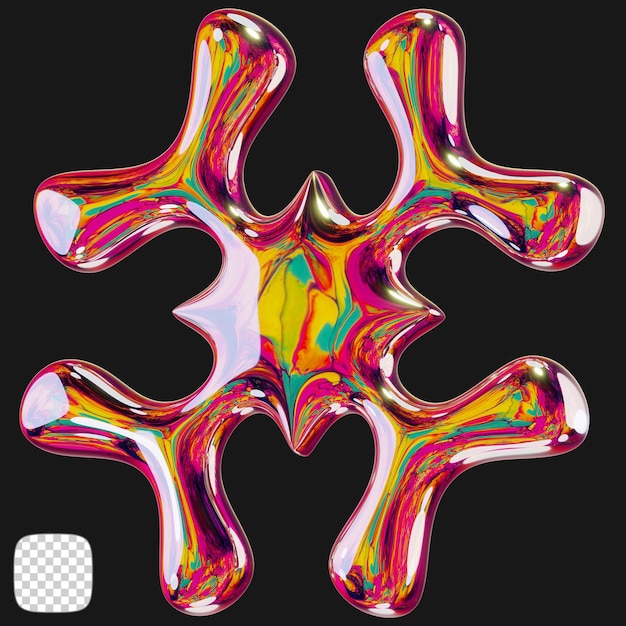 Metallische y2k-Kreuzform 3D-Rendering auf durchsichtigem Hintergrund