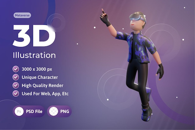 PSD metaverse character 3d com dispositivo de realidade virtual, para web, app, infográfico, app