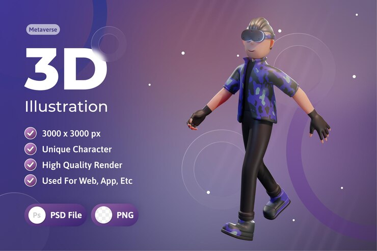 PSD metaverse character 3d con dispositivo de realidad virtual, para web, aplicación, infografía, aplicación